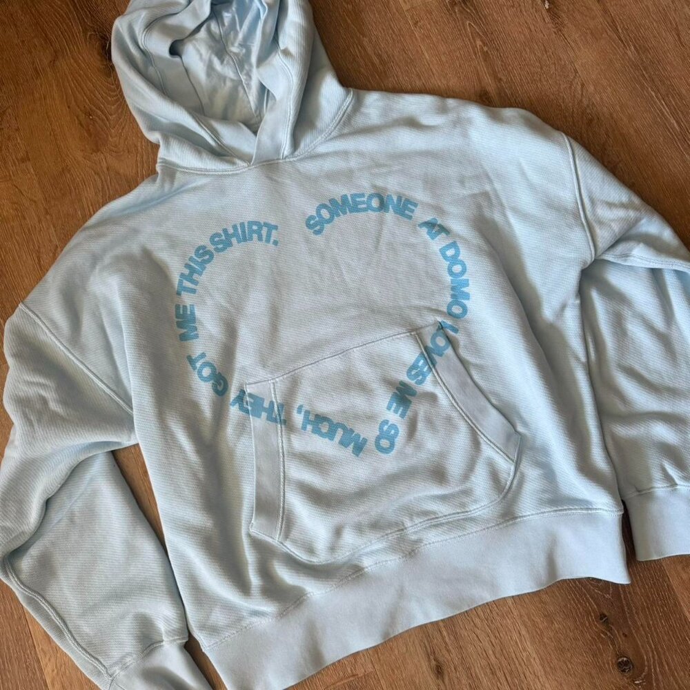 Le Pere "Domo" Hearts Hoodie Men's Size Medium Blue Oversized Hooded Pullover.